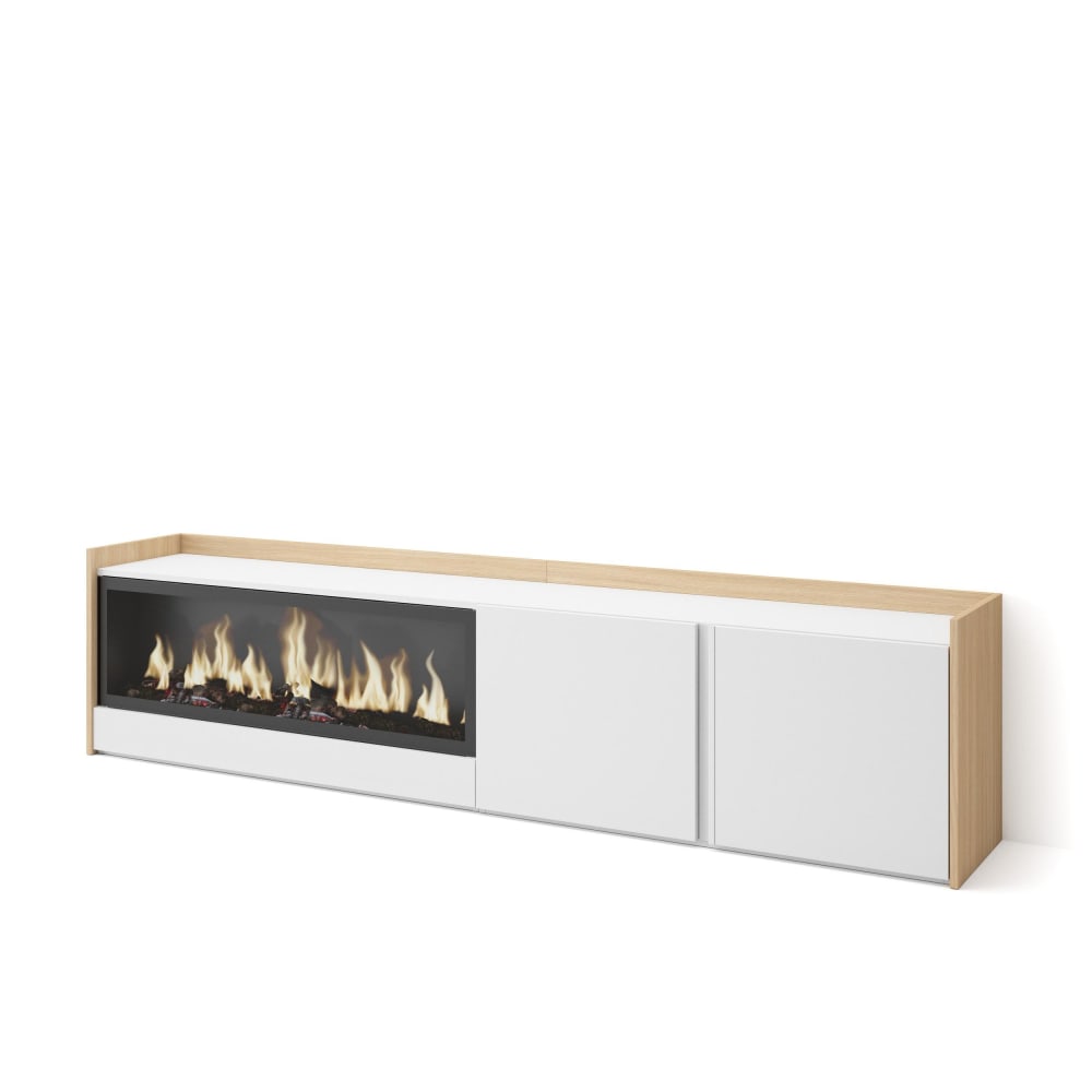 Wohnli Möbelsuche - TV-Möbel Holzeffekt weiß und eiche 212x35x50cm Kamin mit Feuereffekt