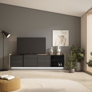 wohnli-moebel-suche-M26043670-1 TV-Möbel Holzeffekt schwarz und eiche 207x35x50cm Hängend 207x50x35cm Spanplatte Schwarz Skraut home Möbel Wohnzimmermöbel TV-Möbel