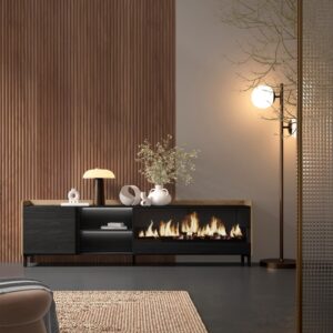TV-Möbel Holzeffekt schwarz eiche 212x35x61cm Kamin mit Feuereffekt 212x61x35cm Spanplatte Schwarz Skraut home Möbel Wohnzimmermöbel TV-Möbel
