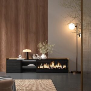 TV-Möbel Holzeffekt schwarz eiche 212x35x50cm Kamin mit Feuereffekt 212x50x35cm Spanplatte Schwarz Skraut home Möbel Wohnzimmermöbel TV-Möbel