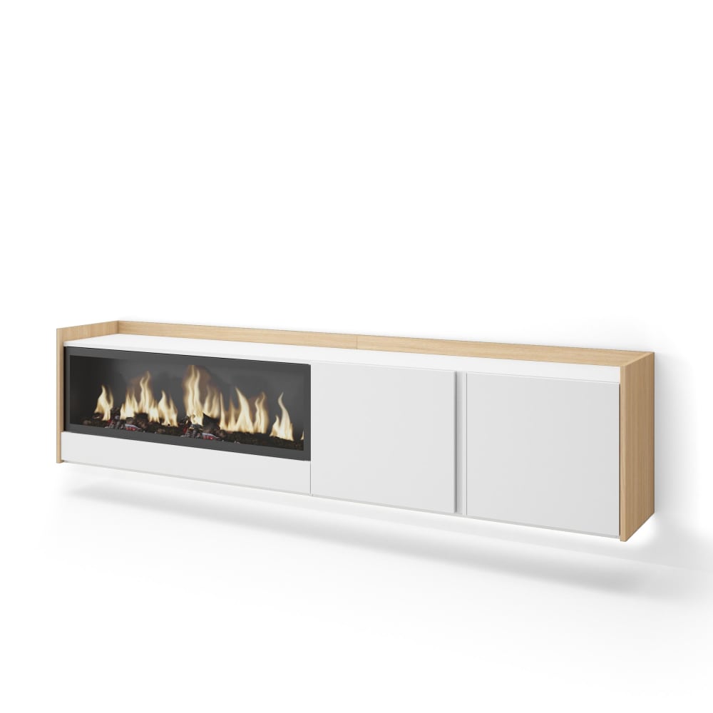 Wohnli Möbelsuche - TV-Möbel Holzeffekt weiß und eiche 212x35x50cm Kamin mit Feuereffekt