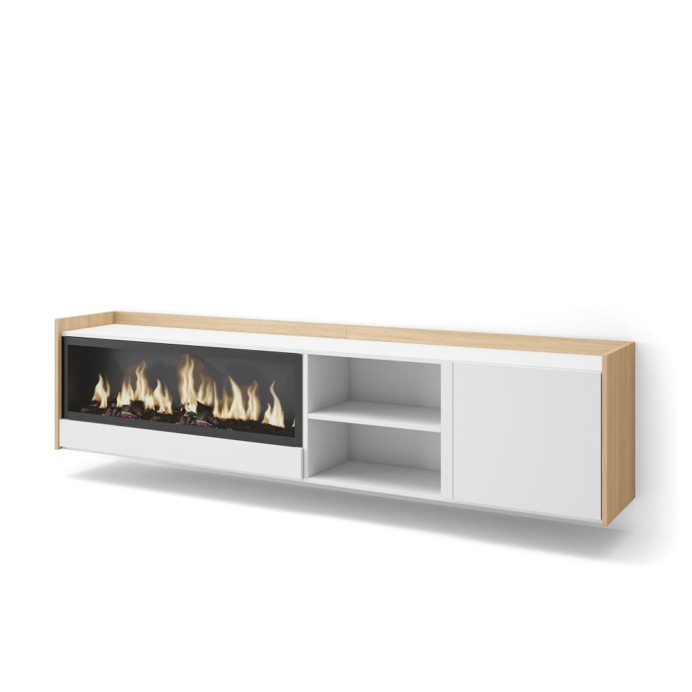 Wohnli Möbelsuche - TV-Möbel Holzeffekt weiß und eiche 212x35x50cm Kamin mit Feuereffekt