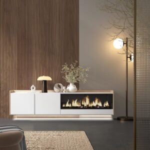 wohnli-moebel-suche-M26043680-1 TV-Möbel Holzeffekt weiß und eiche 212x35x50cm Kamin mit Feuereffekt 212x50x35cm Spanplatte Weiß Skraut home Möbel Wohnzimmermöbel TV-Möbel