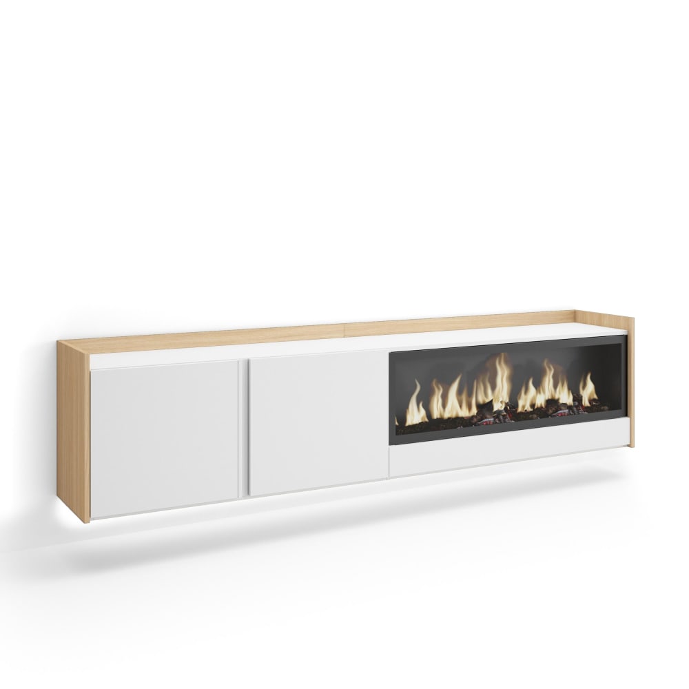 Wohnli Möbelsuche - TV-Möbel Holzeffekt weiß und eiche 212x35x50cm Kamin mit Feuereffekt