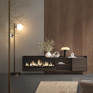 TV-Möbel Holzeffekt eiche schwarz 212x35x50cm Kamin mit Feuereffekt 212x50x35cm Spanplatte Braun Skraut home Möbel Wohnzimmermöbel TV-Möbel