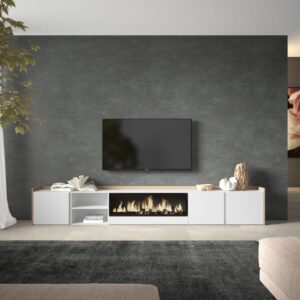 wohnli-moebel-suche-M26043685-1 TV-Möbel Holzeffekt weiß und eiche 315x35x50cm Kamin mit Feuereffekt 315x50x35cm Spanplatte Weiß Skraut home Möbel Wohnzimmermöbel TV-Möbel