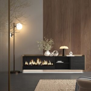 TV-Möbel Holzeffekt schwarz eiche 212x35x50cm Kamin mit Feuereffekt 212x50x35cm Spanplatte Schwarz Skraut home Möbel Wohnzimmermöbel TV-Möbel