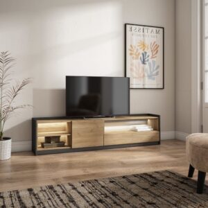 TV-Möbel Holzeffekt eiche und schwarz 207x37x50cm mit Led 207x50x37cm Spanplatte Beige Skraut home Möbel Wohnzimmermöbel TV-Möbel