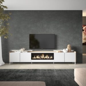 TV-Möbel Holzeffekt weiß und eiche 315x35x61cm Kamin mit Feuereffekt 315x61x35cm Spanplatte Weiß Skraut home Möbel Wohnzimmermöbel TV-Möbel
