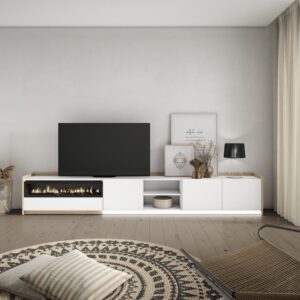 TV-Möbel Holzeffekt weiß und eiche 310x37x50cm Kamin mit Feuereffekt 310x50x37cm Spanplatte Weiß Skraut home Möbel Wohnzimmermöbel TV-Möbel