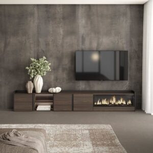 TV-Möbel Holzeffekt eiche schwarz 315x35x50cm Kamin mit Feuereffekt 315x50x35cm Spanplatte Braun Skraut home Möbel Wohnzimmermöbel TV-Möbel