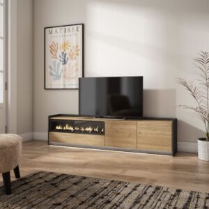 wohnli-moebel-suche-M26043695-1 TV-Möbel Holzeffekt eiche schwarz 207x37x50cm Kamin mit Feuereffekt 207x50x37cm Spanplatte Beige Skraut home Möbel Wohnzimmermöbel TV-Möbel