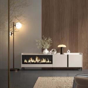 TV-Möbel Holzeffekt beige 212x35x61cm Kamin mit Feuereffekt XXL 212x61x35cm Spanplatte Beige Skraut home Möbel Wohnzimmermöbel TV-Möbel