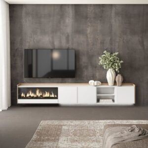 TV-Möbel Holzeffekt weiß und eiche 315x35x50cm Kamin mit Feuereffekt 315x50x35cm Spanplatte Weiß Skraut home Möbel Wohnzimmermöbel TV-Möbel