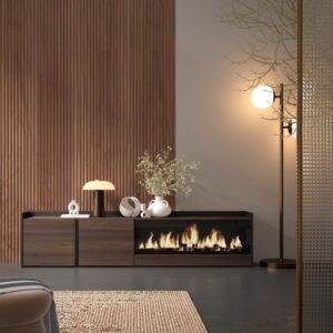 TV-Möbel Holzeffekt eiche schwarz 212x35x50cm Kamin mit Feuereffekt 212x50x35cm Spanplatte Braun Skraut home Möbel Wohnzimmermöbel TV-Möbel
