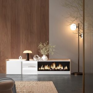 TV-Möbel Holzeffekt weiß und eiche 212x35x50cm Kamin mit Feuereffekt 212x50x35cm Spanplatte Weiß Skraut home Möbel Wohnzimmermöbel TV-Möbel