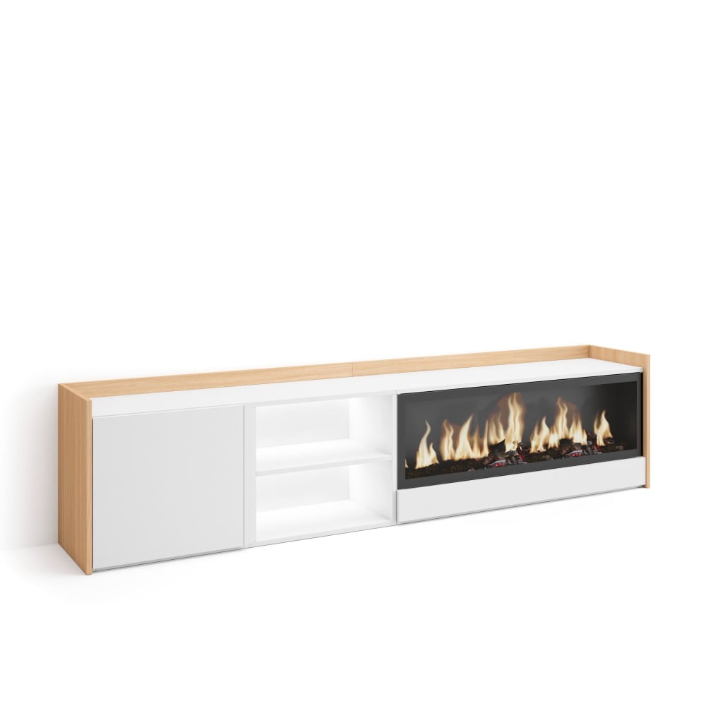 Wohnli Möbelsuche - TV-Möbel Holzeffekt weiß und eiche 212x35x50cm Kamin mit Feuereffekt