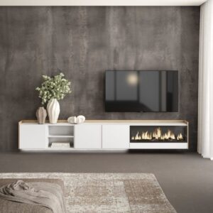 TV-Möbel Holzeffekt weiß und eiche 315x35x50cm Kamin mit Feuereffekt 315x50x35cm Spanplatte Weiß Skraut home Möbel Wohnzimmermöbel TV-Möbel