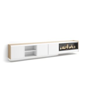 Wohnli Möbelsuche - TV-Möbel Holzeffekt weiß und eiche 315x35x50cm Kamin mit Feuereffekt