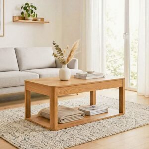 wohnli-moebel-suche-M26046916-1 COUCHTISCH 2 rechteckige Holzoptik-Ablagen L90 cm 90x40x50cm Spanplatte Beige Calicosy Möbel Wohnzimmermöbel Couchtische
