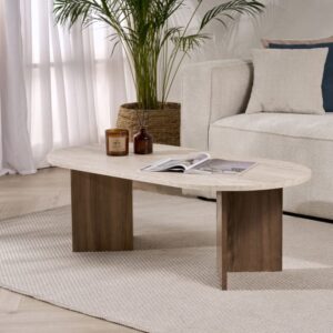 wohnli-moebel-suche-M26046917-1 Couchtisch Ovaler L119 cm - Travertindekor und Nussbaumdekor 119x40x60cm Spanplatte Beige Calicosy Möbel Wohnzimmermöbel Couchtische