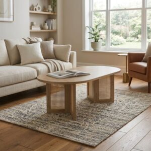 wohnli-moebel-suche-M26046918-1 Couchtisch mit ovaler Tischplatte L120 cm - Holzdekor hell 120x40x60cm Spanplatte Beige Calicosy Möbel Wohnzimmermöbel Couchtische