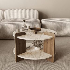 wohnli-moebel-suche-M26046924-1 Runder Couchtisch mit doppelplatte D70 cm - Travertin und Nussbaum 70x45x70cm Spanplatte Beige Calicosy Möbel Wohnzimmermöbel Couchtische
