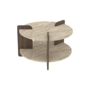 wohnli-moebel-suche-M26046924 Wohnli Möbelsuche - Runder Couchtisch mit doppelplatte D70 cm - Travertin und Nussbaum