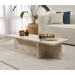 wohnli-moebel-suche-M26046930-1 Couchtisch asymmetrischem Fuß L120 cm - Travertindekor 120x30x45cm Spanplatte Beige Calicosy Möbel Wohnzimmermöbel Couchtische