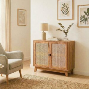 wohnli-moebel-suche-M26046951-1 Sideboard mit 2 Türen aus natürlichem Rattan B80 cm 80x75x35cm Spanplatte Braun Calicosy Möbel Esszimmermöbel Sideboards, Highboards & niedrige Anrichten