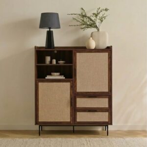 wohnli-moebel-suche-M26046956-1 Highboard 2 Türen 2 Schubladen aus Textil und Walnuss-Dekor H120 cm 100x120x40cm Spanplatte Braun Calicosy Möbel Esszimmermöbel Sideboards, Highboards & niedrige Anrichten