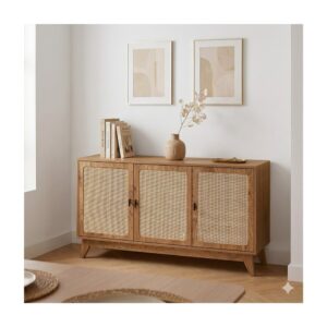 wohnli-moebel-suche-M26046957-1 Sideboard 3 Türen mit Naturgeflecht-Front B120 cm - Holzdekor hell 120x72x40cm Spanplatte Beige Calicosy Möbel Esszimmermöbel Sideboards, Highboards & niedrige Anrichten