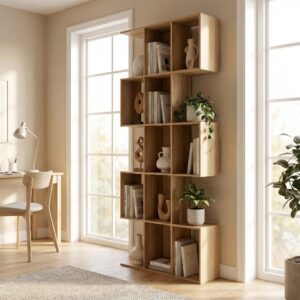 wohnli-moebel-suche-M26048042-1 Bibliothèque 5 niveaux 15 compartiments MDF chêne 80x200x24cm Spanplatte Beige Homcom Möbel Wohnzimmermöbel Bücherregale