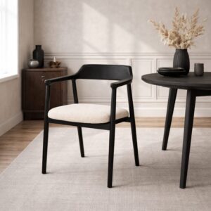 wohnli-moebel-suche-M26048429-1 Stuhl aus schwarzer massiver Eiche und beigem Stoff 59x77x58cm Holz Schwarz WOODEK Möbel Esszimmermöbel Stühle