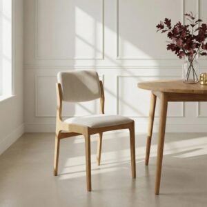 Stuhl aus massiver Eiche und beigem Stoff 45x83x52cm Holz Beige WOODEK Möbel Esszimmermöbel Stühle