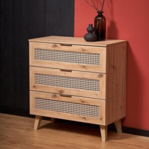 wohnli-moebel-suche-M26050296-1 Kommode mit 3 Schubladen in natürlicher Eiche und Rattanoptik 40x85x80cm Holz Braun MSO Möbel Schlafzimmermöbel Kommoden