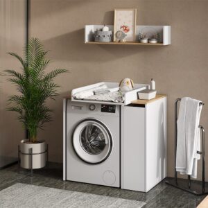 wohnli-moebel-suche-M26051914-1 Waschmaschinenschrank 2 Teile mit Wickelauflage Weiß/Artisan 93.6x88.2 94x89x61cm Spanplatte Weiß Vicco Möbel Badezimmermöbel Bad-Hochschränke