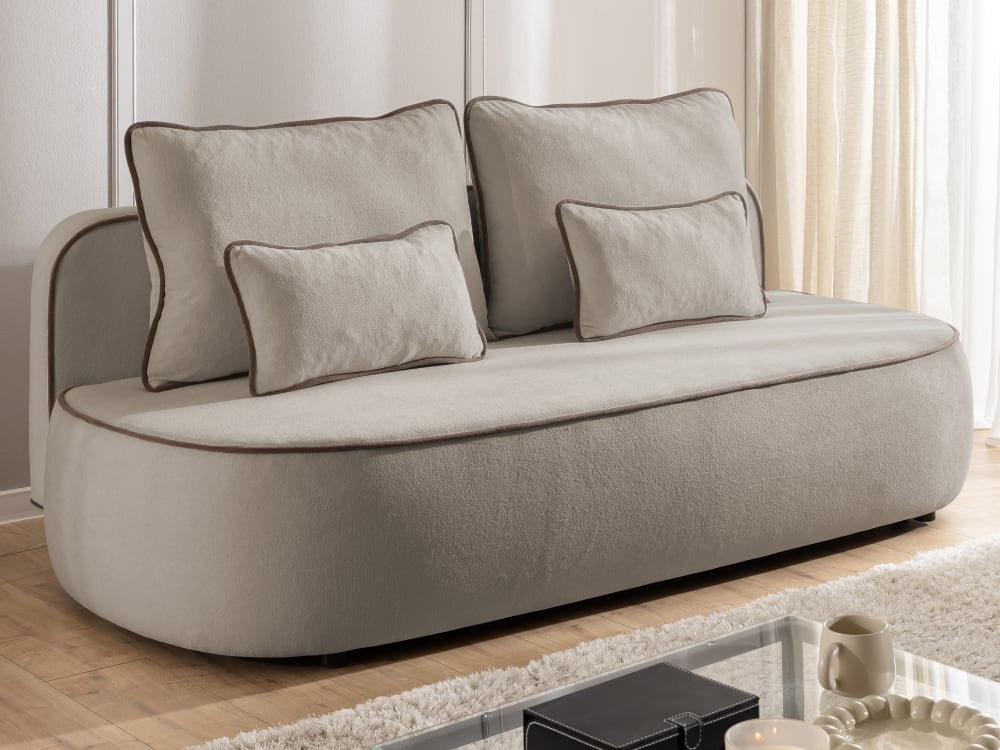 Schlafsofa mit Bettkasten aus Taupe Plüschstoff mit brauner Paspel 98x90x210cm Holz Taupe S-Style Sofas und Sessel Sofas Schlafsofas