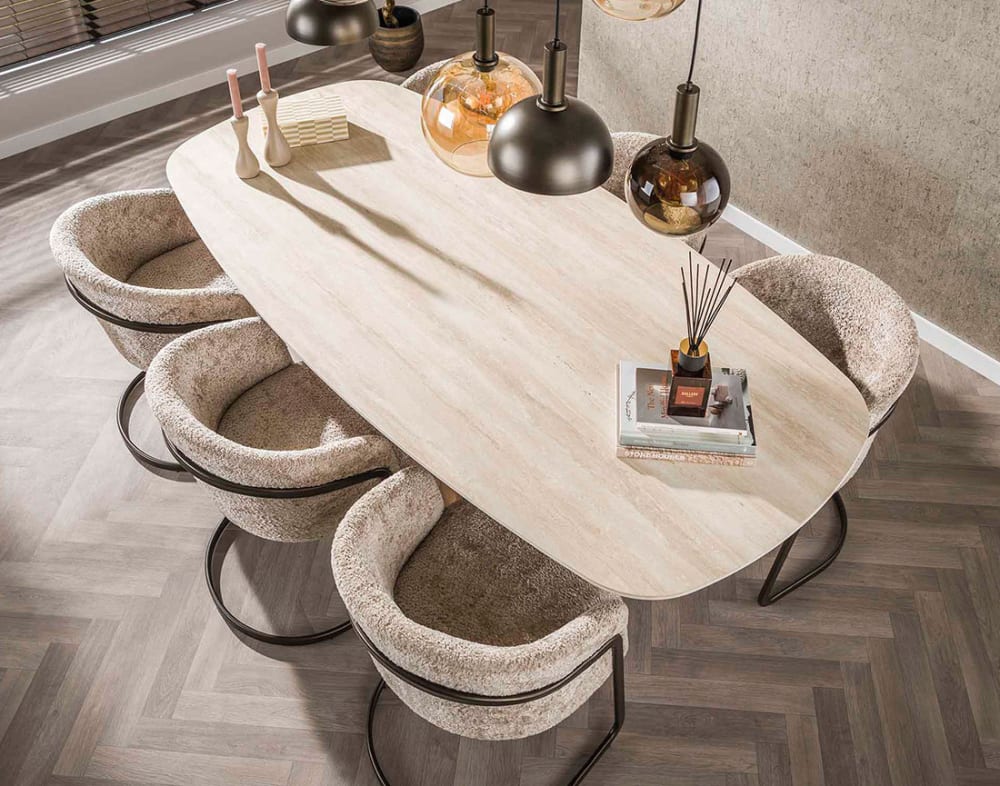 Amara - table à manger - plateau effet travertin - 4 à 8 personnes 215x77x105cm Keramik Beige Best Mobilier Möbel Esszimmermöbel Esstische