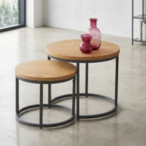 wohnli-moebel-suche-M26071021-1 Set aus zwei Designer-Satztischen mit Platten in Eichenoptik 43x35x43cm Holz Braun MSO Möbel Wohnzimmermöbel Couchtische