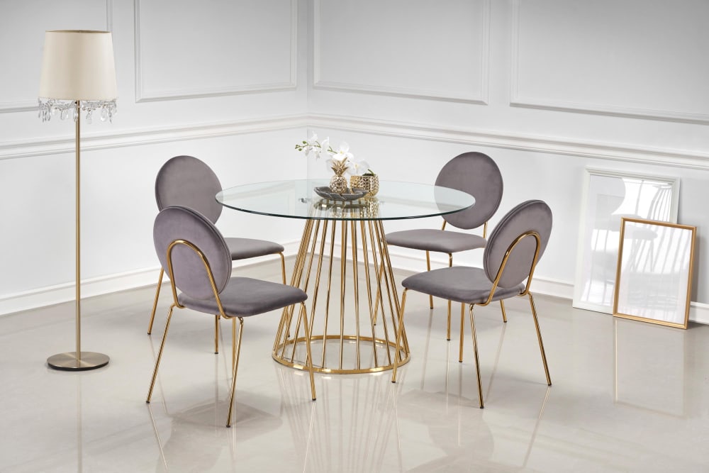 Runder Esstisch mit Glasplatte und zentralem vergoldetem Stahlbein 120x75x120cm Glas Gold MSO Möbel Esszimmermöbel Esstische