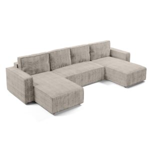 Wohnli Möbelsuche - Wohnlandschaft mit Schlaffunktion aus Cord in Beige - 338 cm
