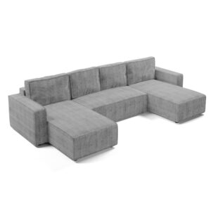 Wohnli Möbelsuche - Wohnlandschaft mit Schlaffunktion aus Cord in Hellgrau - 338 cm