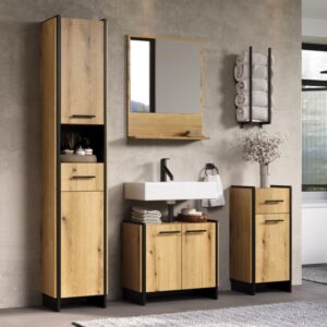 wohnli-moebel-suche-M26072209-1 Badezimmermöbel-Set Eichendekor und Schwarz L154 cm - ELLIE 154x190x34cm Spanplatte Beige Calicosy Möbel Badezimmermöbel