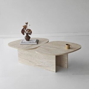 wohnli-moebel-suche-M26072231-1 Couchtisch mit doppelter Platte L125 cm - Travertindekor 125x38x60cm Spanplatte Beige Calicosy Möbel Wohnzimmermöbel Couchtische