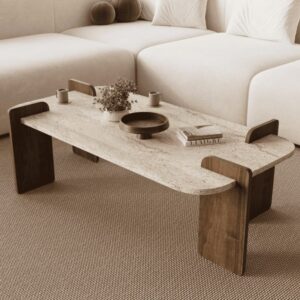wohnli-moebel-suche-M26072232-1 Couchtisch mit abgerundeten kanten L120 cm - Travertin und Nussbaum 120x35x60cm Spanplatte Beige Calicosy Möbel Wohnzimmermöbel Couchtische