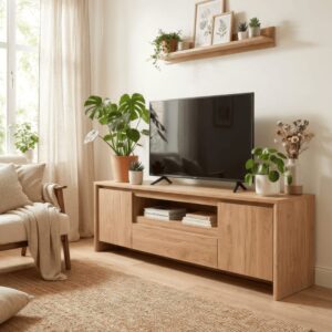 wohnli-moebel-suche-M26072239-1 TV-Möbel 2 Türen 1 Schublade und 1 offenes Fach in Holzoptik B163 cm 164x59x40cm Spanplatte Beige Calicosy Möbel Wohnzimmermöbel TV-Möbel