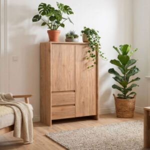 Sideboard 2 Türen 2 Schubladen Holzoptik B 86 cm 86x140x40cm Spanplatte Beige Calicosy Möbel Esszimmermöbel Sideboards, Highboards & niedrige Anrichten