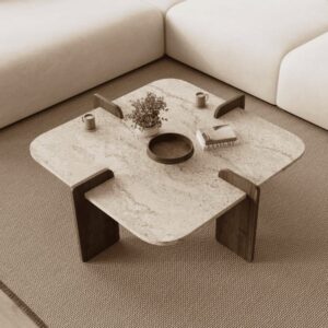 wohnli-moebel-suche-M26072276-1 Quadratischer Couchtisch L90 cm - Travertindekor und Nussbaumdekor 90x35x90cm Spanplatte Beige Calicosy Möbel Wohnzimmermöbel Couchtische