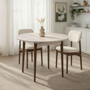 wohnli-moebel-suche-M26072292-1 Ausziehbarer Esstisch von 100 bis 131 cm - Travertin und Nussbaum 100x75x100cm Spanplatte Beige Calicosy Möbel Esszimmermöbel Esstische